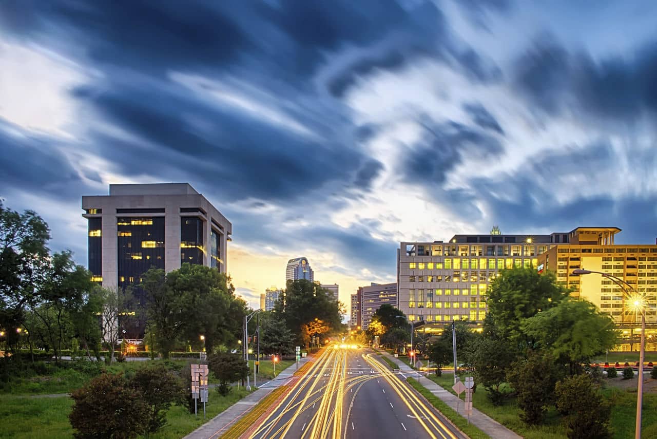 Downtown of Charlotte  North Carolina skyline with dramatic sky