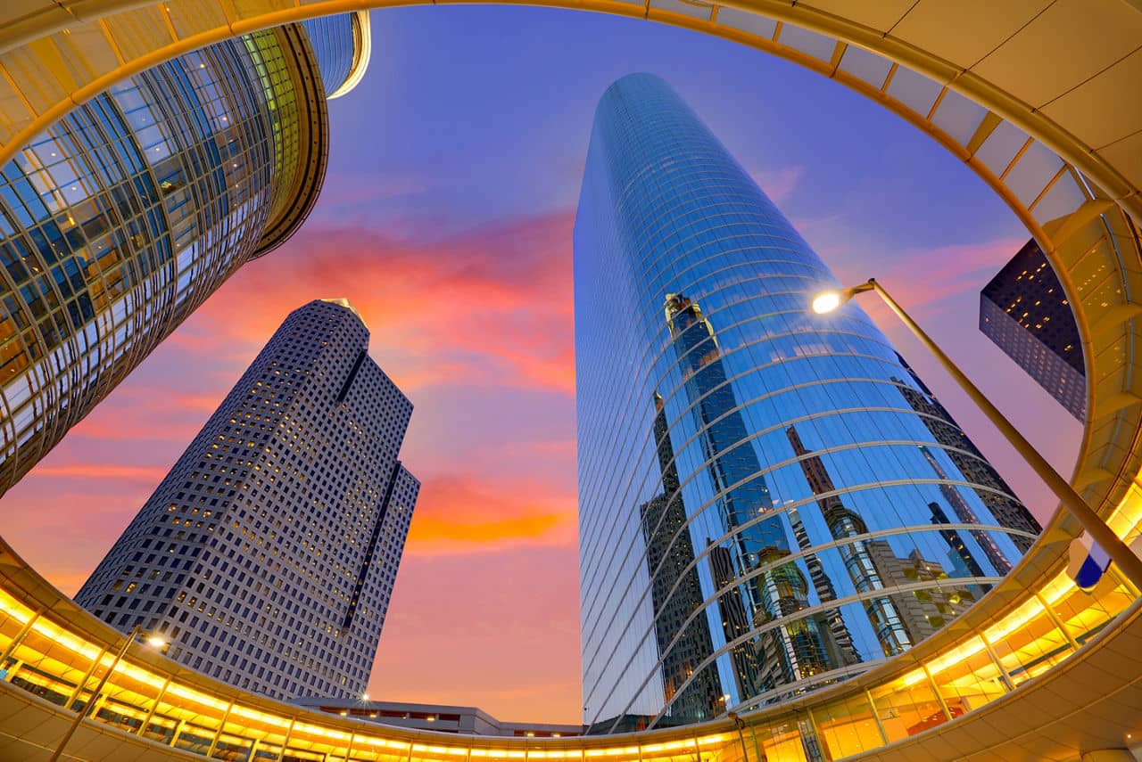 Houston Downtown sunset modern skyscrapers at Texas US USA